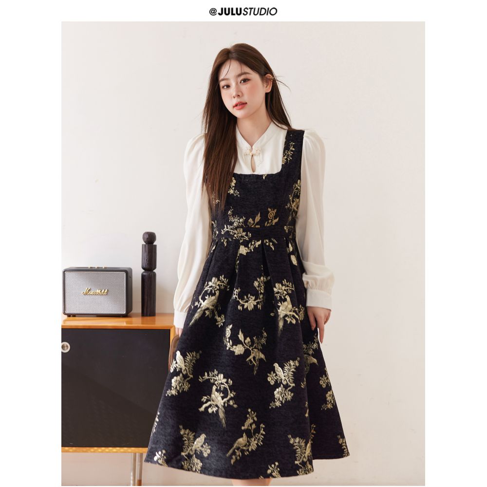 Julu Studio s Looping Poems Retro Chinese Style New Chinese Patchwork Color Block Embroidered Dress for Curvy Women image 2