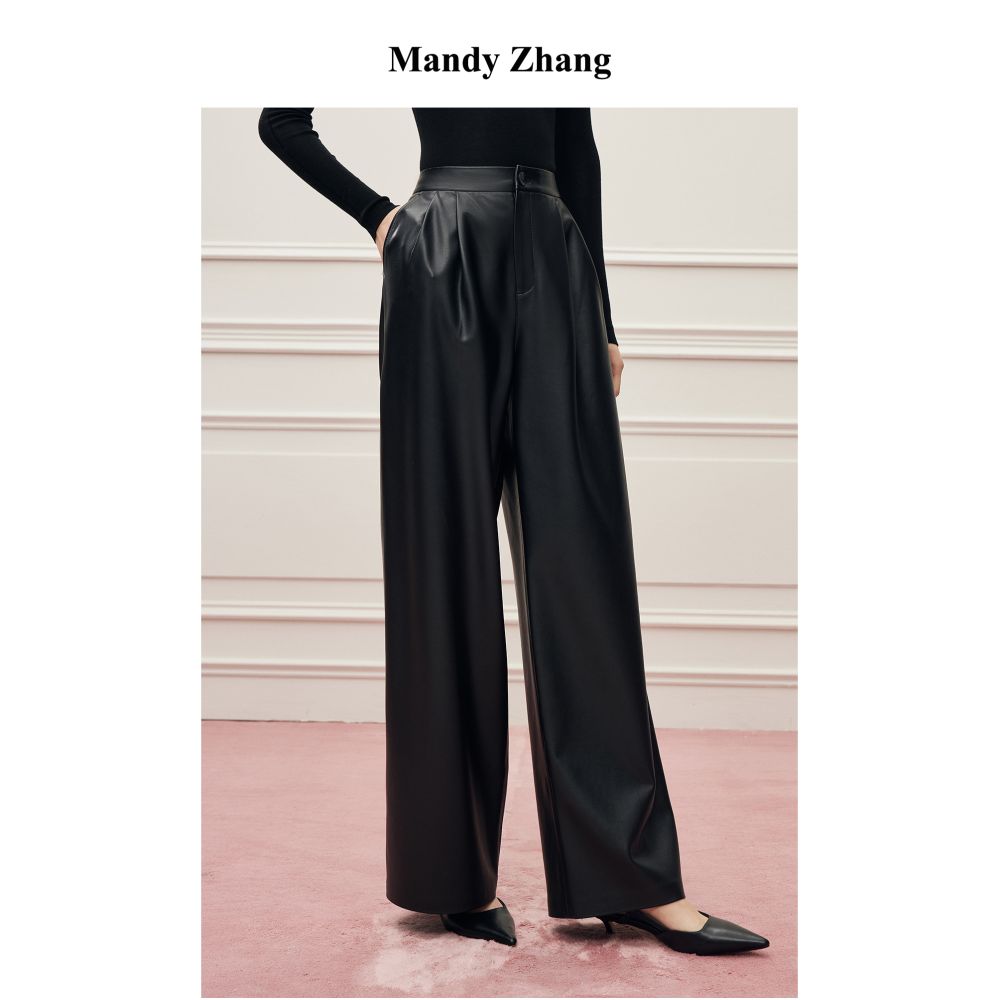 MandyZhang s premium soft PU protein leather black straight leg casual pants for women s autumn and winter new high waisted long pants image 0