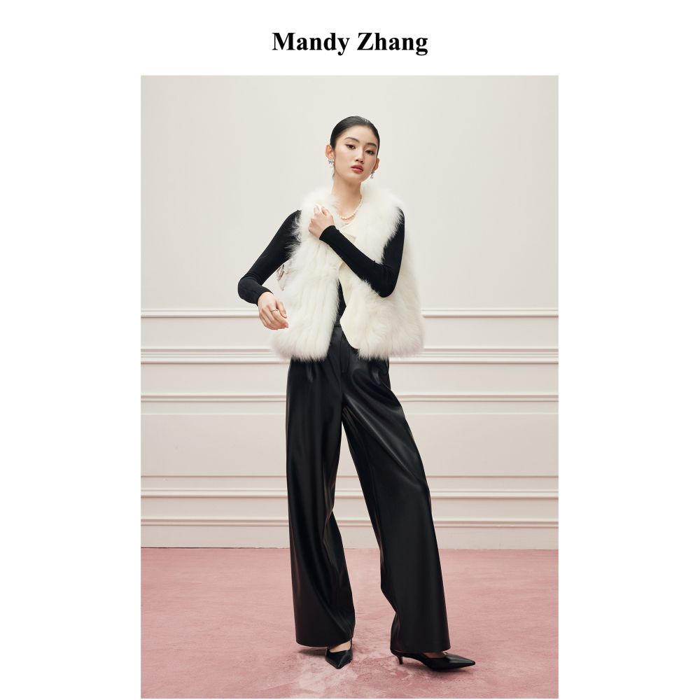 MandyZhang s premium soft PU protein leather black straight leg casual pants for women s autumn and winter new high waisted long pants image 2