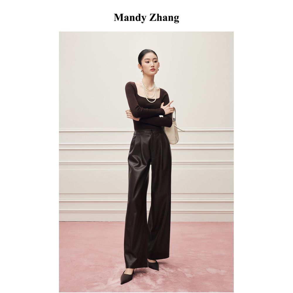 MandyZhang s premium soft PU protein leather black straight leg casual pants for women s autumn and winter new high waisted long pants image 4