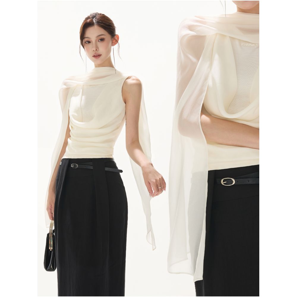 CYNR original design old money wind and snow spinning sleeveless hanging neck top with hanging ribbons fashionable pleated spicy girl T shirt for women image 2