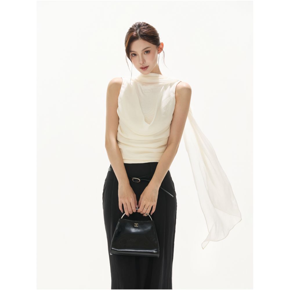 CYNR original design old money wind and snow spinning sleeveless hanging neck top with hanging ribbons fashionable pleated spicy girl T shirt for women image 3