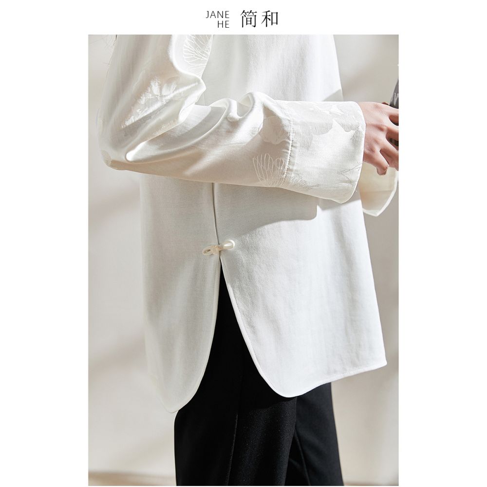 More exquisite than the basic version new Chinese style buckle double sided slit cut and spliced jacquard cotton T shirt image 1