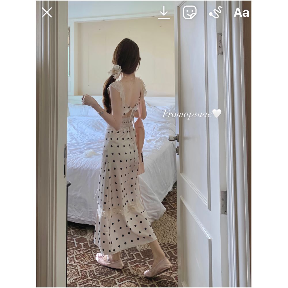 White Water Female Romantic Sister polka dot camisole dress for women round neck backless splicing waist cinching slimming dress image 3