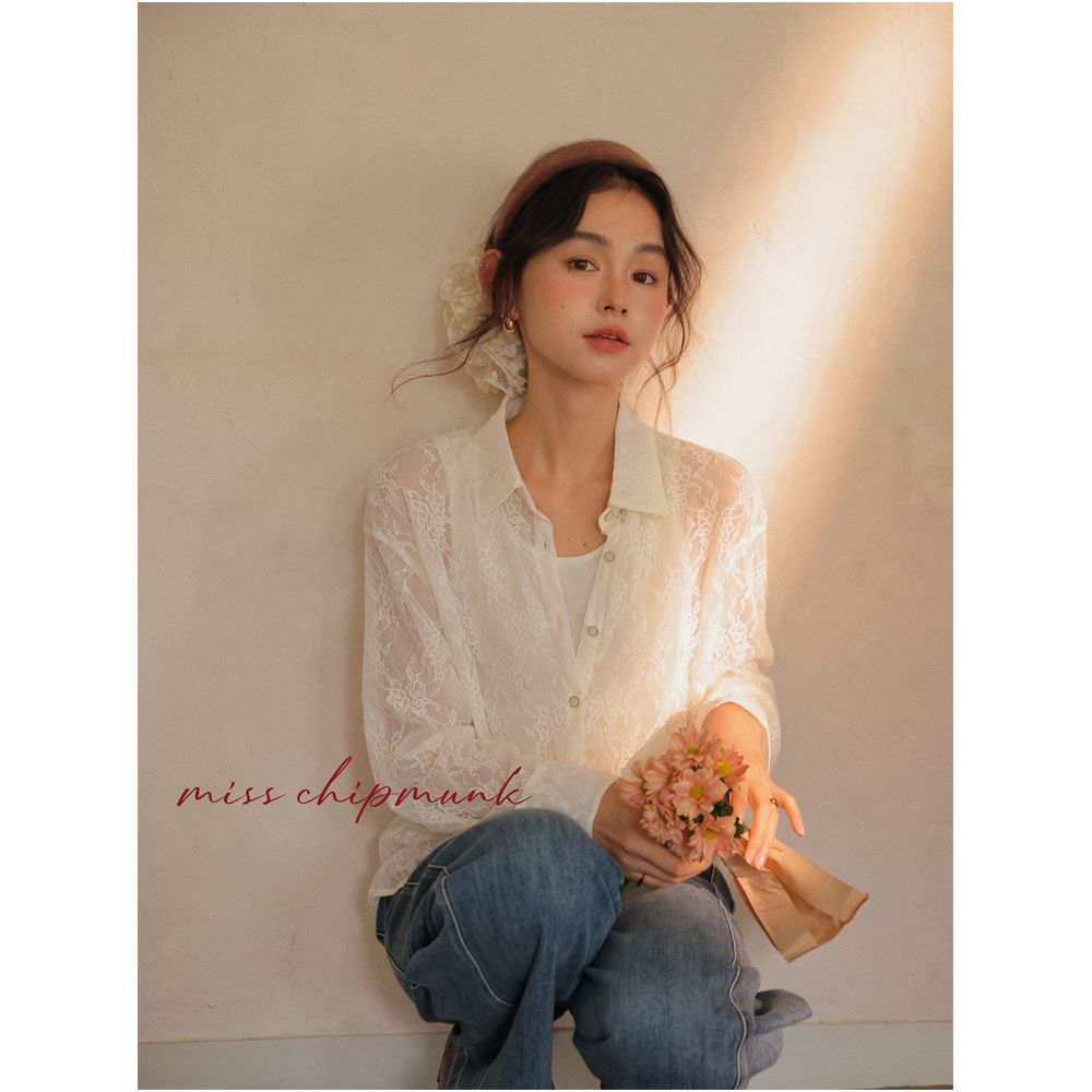 Miss Chipmunk Mist Flower Shadow Autumn Exquisite Romantic Base Micro Transparent Misty Sweet Lace Shirt image 0
