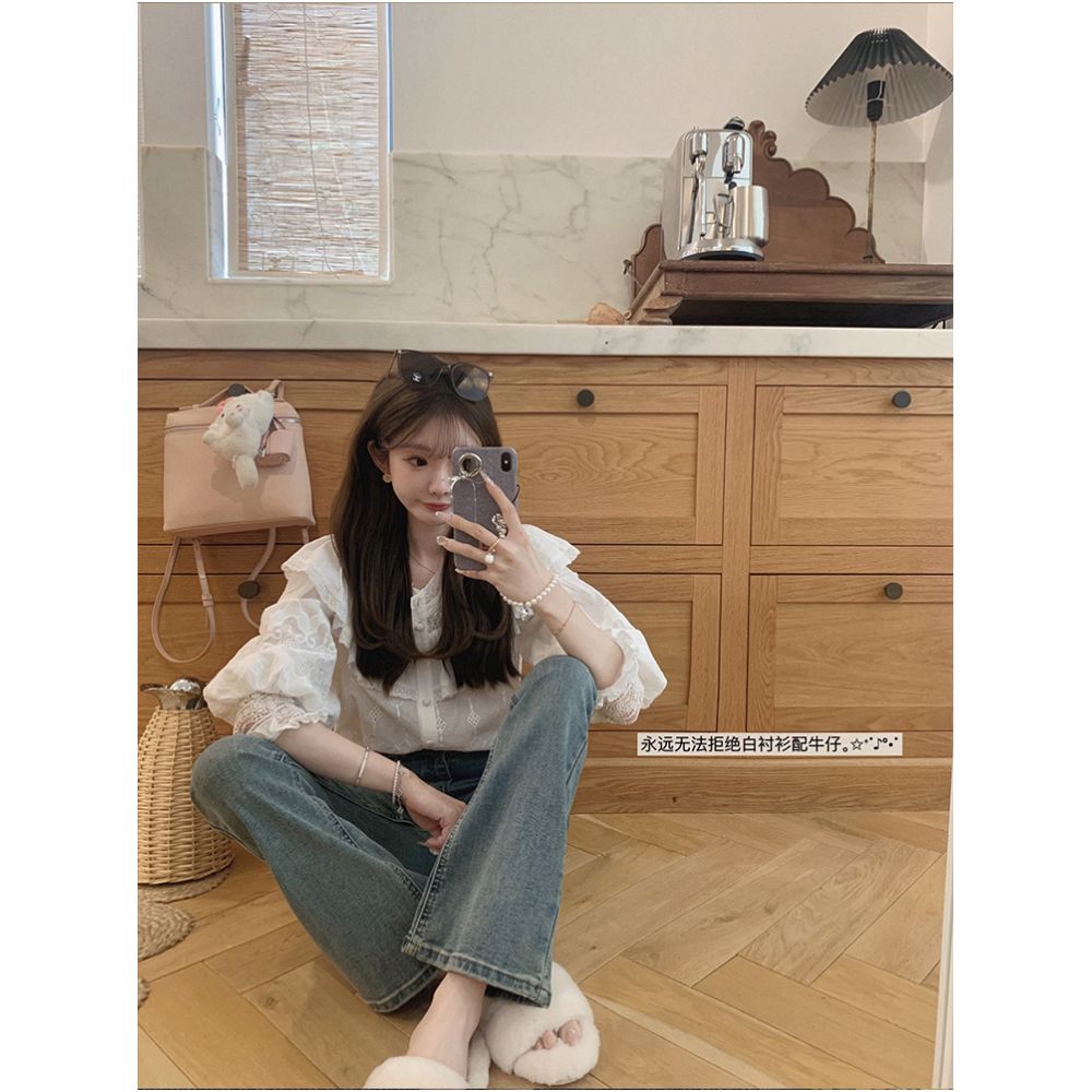 Golden Mushroom Mushroom Le Train Bleu Pear and Small White Flower Lace Embroidered Palace Style Top image 2