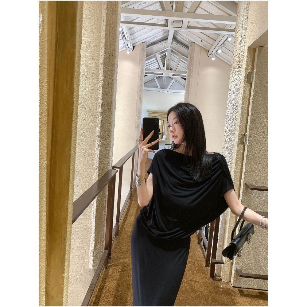 Ouyang Black Swinging Neck Short Sleeve Dress for Women s Summer New Style Chain Back Back Long Dress for Spicy Girls image 1