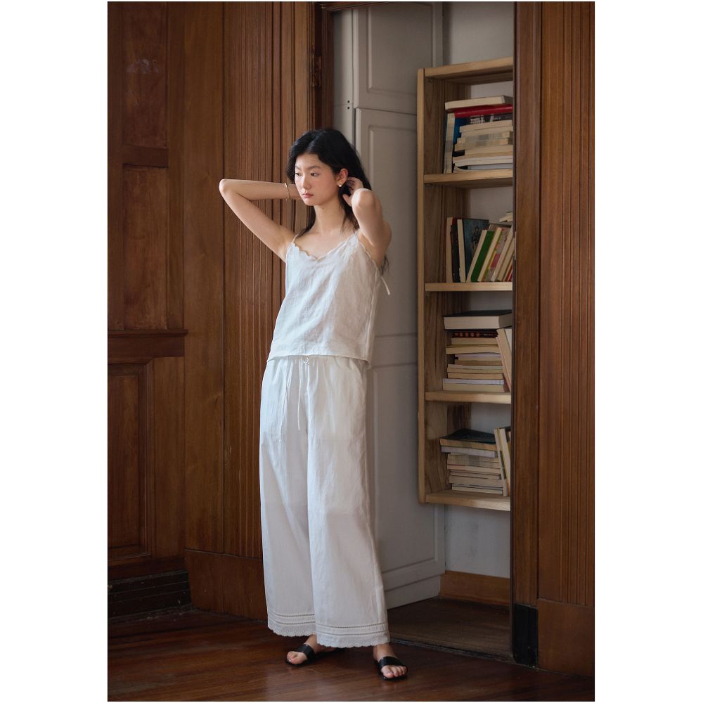 Nice people2025SS Heavy Industry Embroidery Lace Splicing Tencel Washed Cotton Straight Tube Nine Point Lace Pants image 1