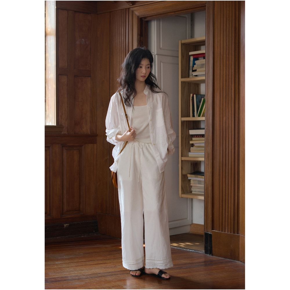 Nice people2025SS Heavy Industry Embroidery Lace Splicing Tencel Washed Cotton Straight Tube Nine Point Lace Pants image 2