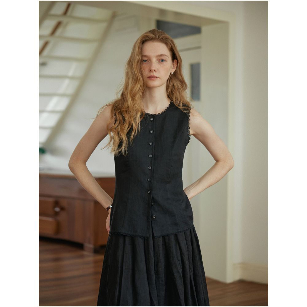 Nice people2025SS 100 Ramie Lace Decorative Waist Vest Top image 1