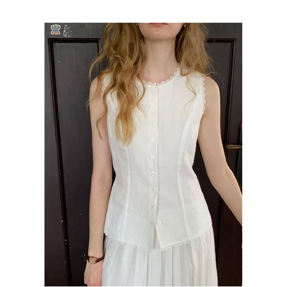 Nice people2025SS 100 Ramie Lace Decorative Waist Vest Top image 4