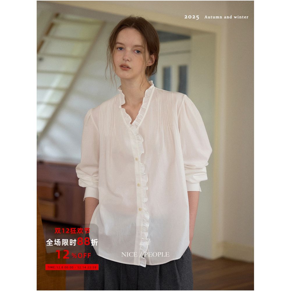 Nice people2025AW high end mulberry silk cotton French lace collar Tucker bubble sleeve shirt image 0