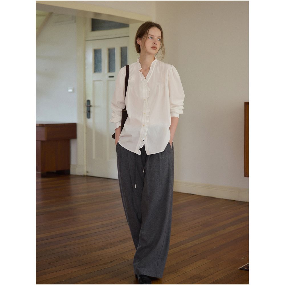 Nice people2025AW high end mulberry silk cotton French lace collar Tucker bubble sleeve shirt image 3