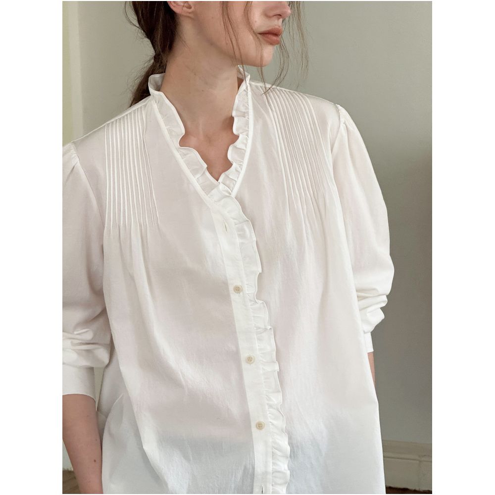 Nice people2025AW high end mulberry silk cotton French lace collar Tucker bubble sleeve shirt image 4