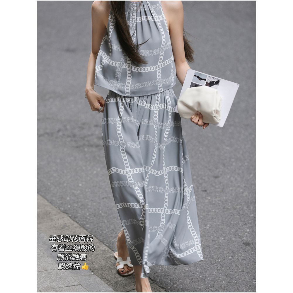 Summer Poetry Modern Set Printed Sleeveless Shoulder Cutting Half length Medium length Skirt for Women Summer image 3