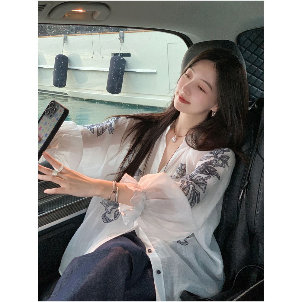 Xia Shiwen 100 Ramie Watermark Printed V neck Loose Lantern Sleeve Shirt Contrast Shirt Women s Xia Lightweight Top image 0