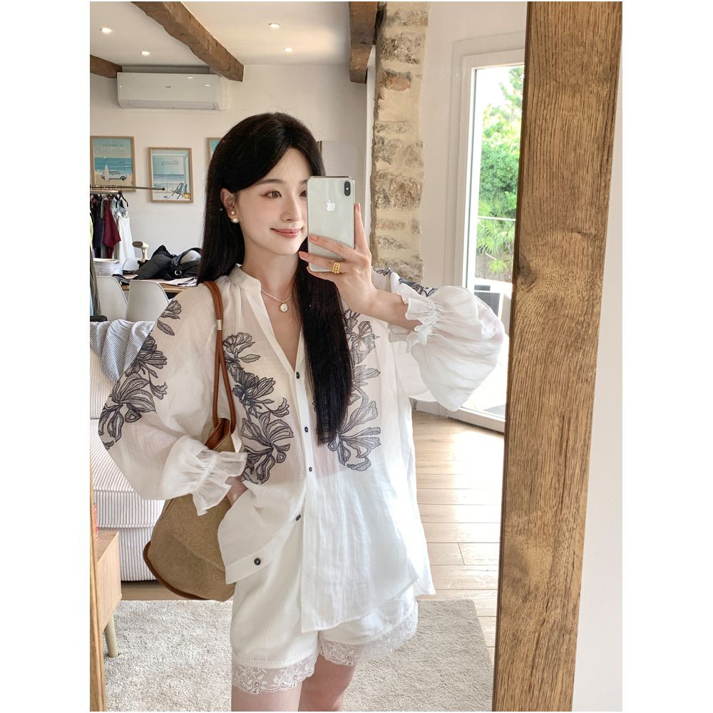 Xia Shiwen 100 Ramie Watermark Printed V neck Loose Lantern Sleeve Shirt Contrast Shirt Women s Xia Lightweight Top image 1