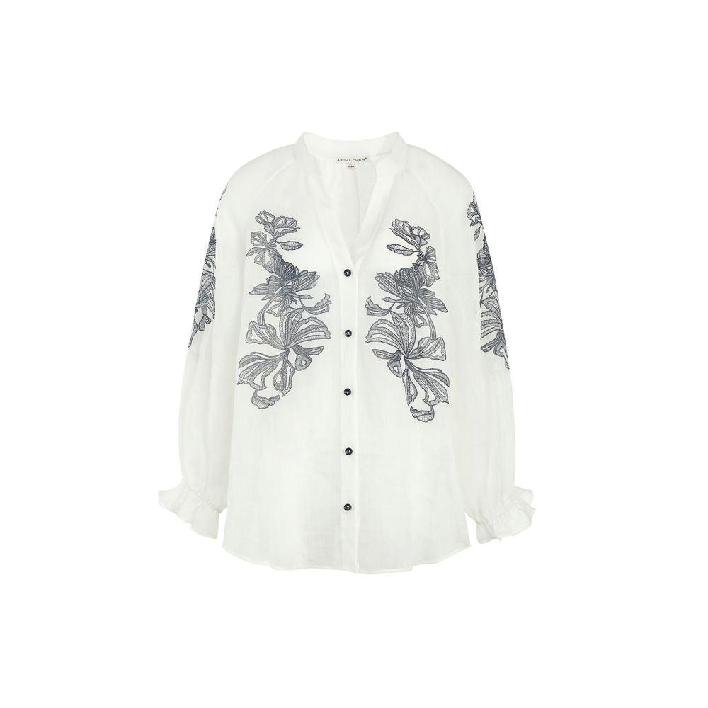 Xia Shiwen 100 Ramie Watermark Printed V neck Loose Lantern Sleeve Shirt Contrast Shirt Women s Xia Lightweight Top image 4