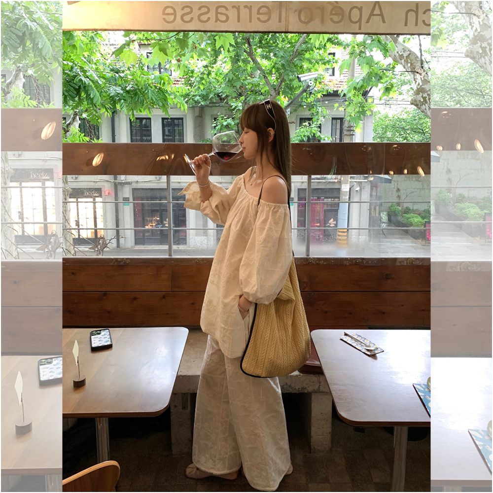 ASAYA5455 – Soft Embroidery Off-Shoulder Set 🤍🌿