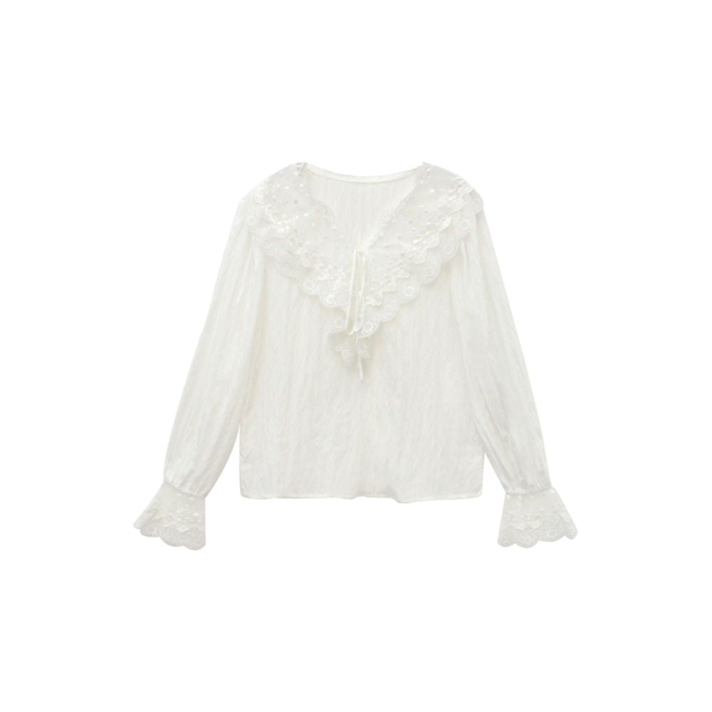 Wine lunch French retro white trumpet sleeve doll collar lace shirt top slim fit ruffle edge shirt for women image 4