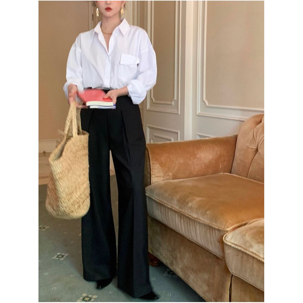 Homemade Hong Kong style retro autumn minimalist shirt for drinking and lunch loose and slimming layered shirt feminine temperament high end sense top image 3