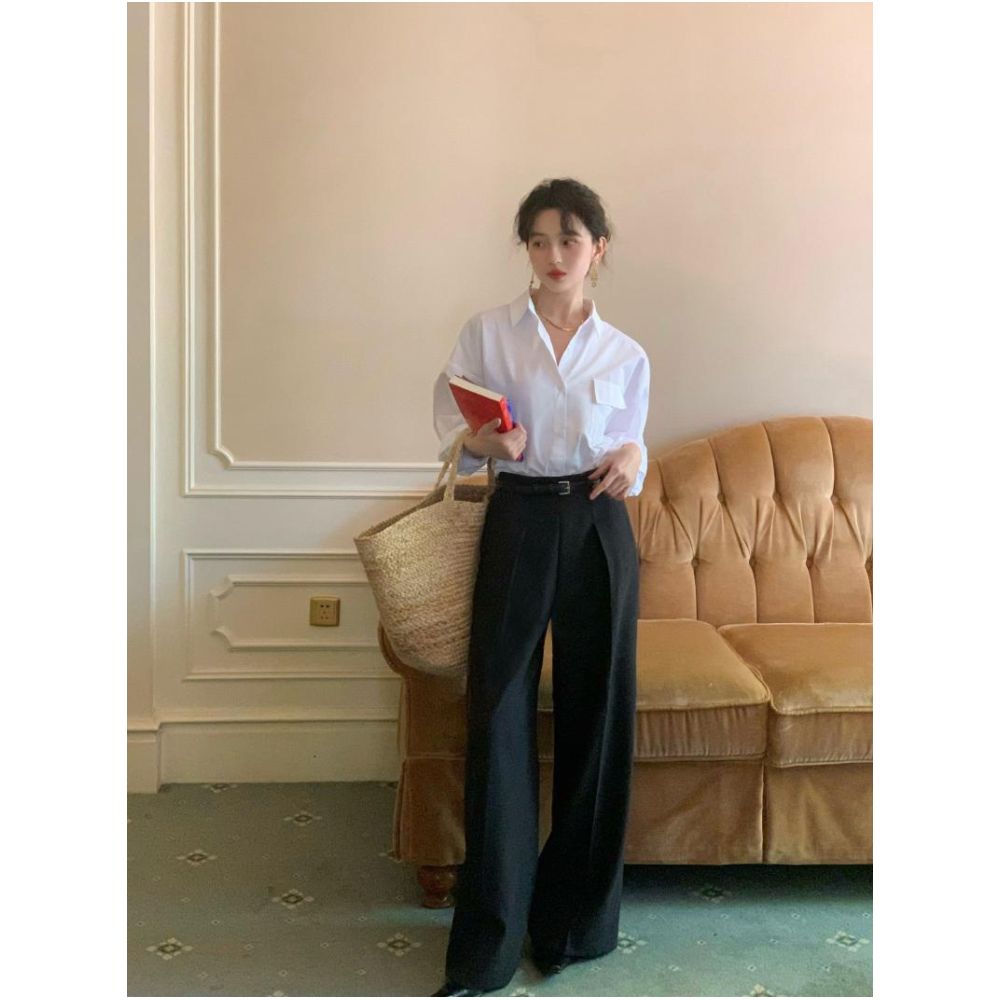 Homemade Hong Kong style retro autumn minimalist shirt for drinking and lunch loose and slimming layered shirt feminine temperament high end sense top image 4