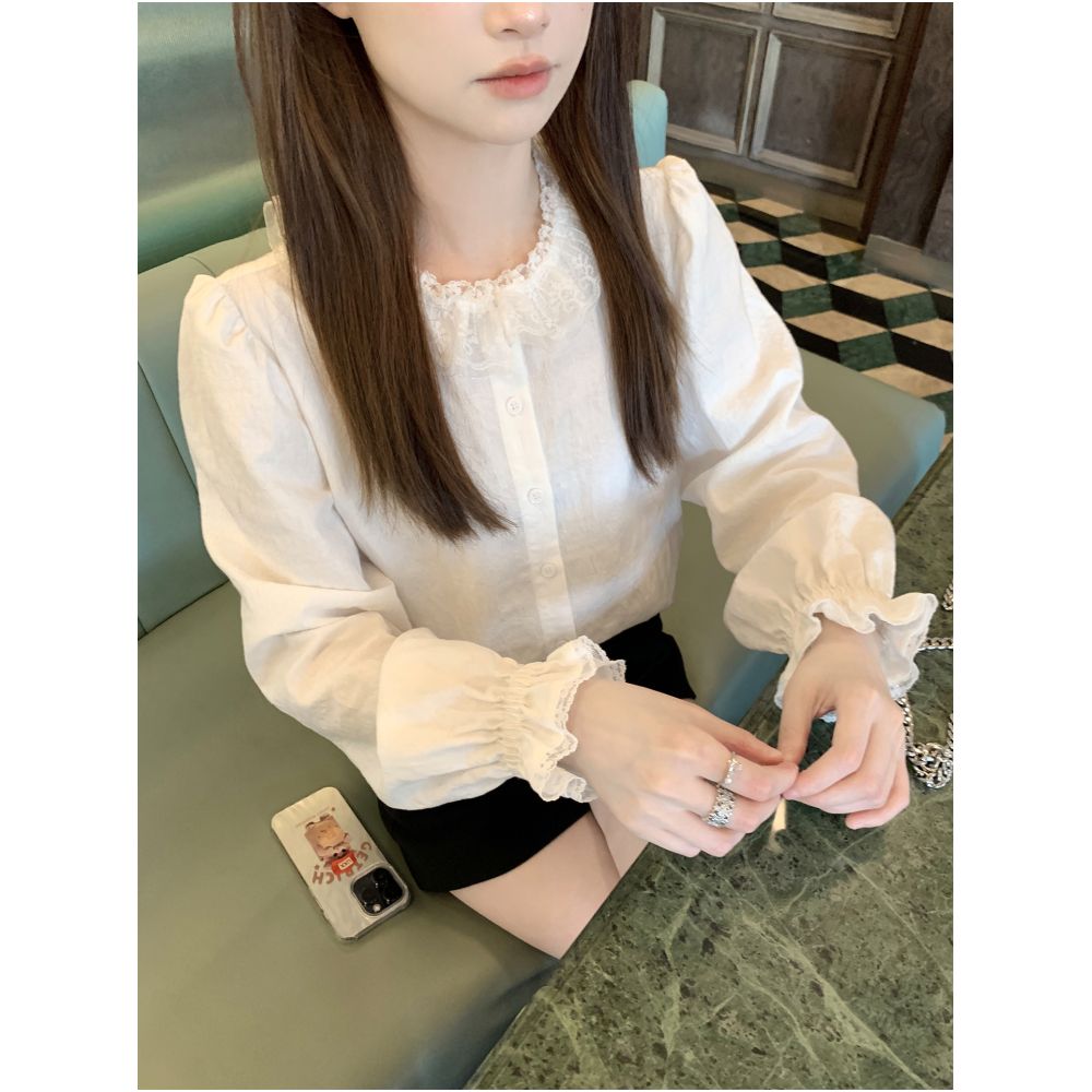 Zhenzhen s South Bank Gallery gently blends lace and lace round neck shirt versatile and stylish slimming long sleeved shirt for women image 1