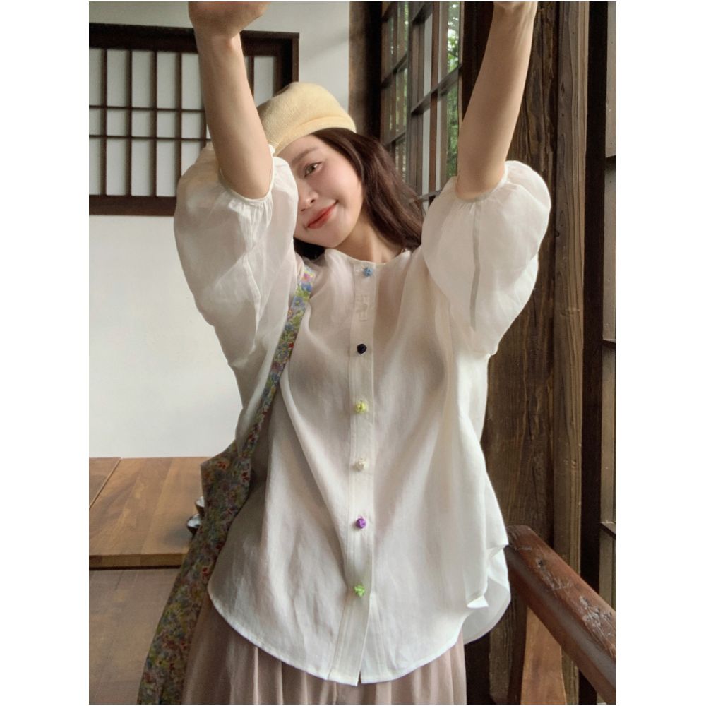 Libelin Sisy Chinese style series pearl jade small shirt women s new Chinese style 100 ramie seven quarter sleeve loose round neck top image 0
