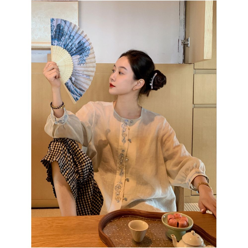 Libelin Sisy Chinese style series pearl jade small shirt women s new Chinese style 100 ramie seven quarter sleeve loose round neck top image 1