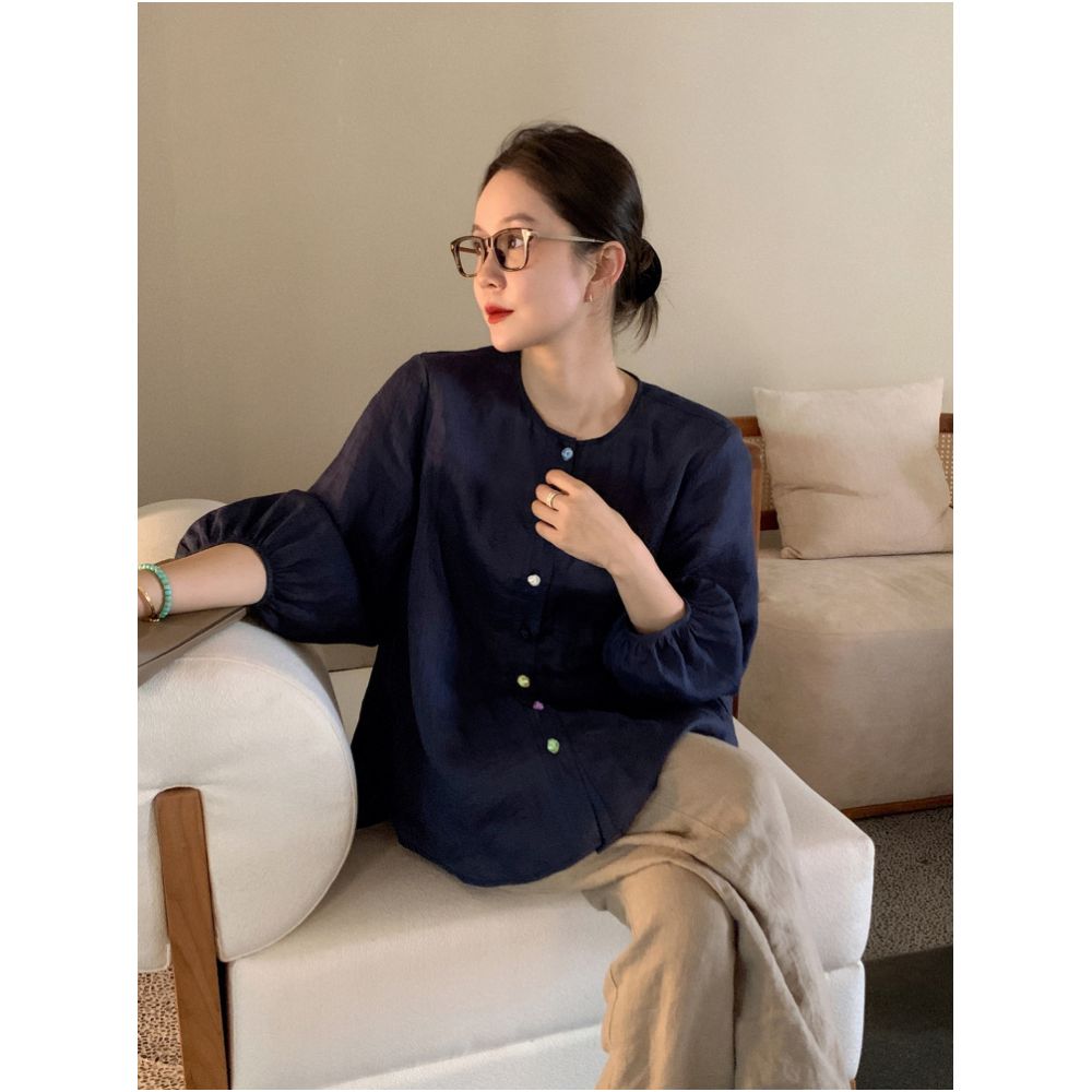 Libelin Sisy Chinese style series pearl jade small shirt women s new Chinese style 100 ramie seven quarter sleeve loose round neck top image 2