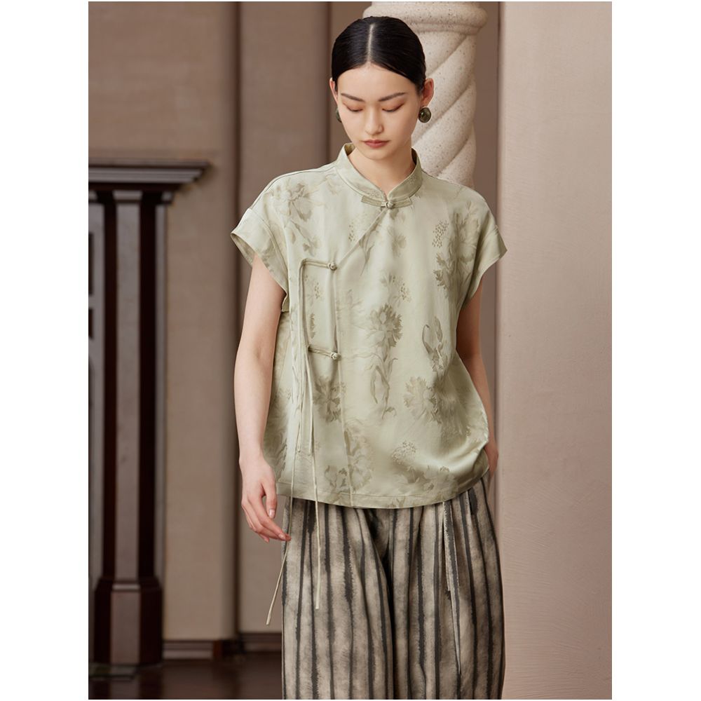 Ruyi Lianyun Spring Summer New Slant Collar Jacquard Shirt for Women New Chinese Style Retro Loose Buckle Top image 3