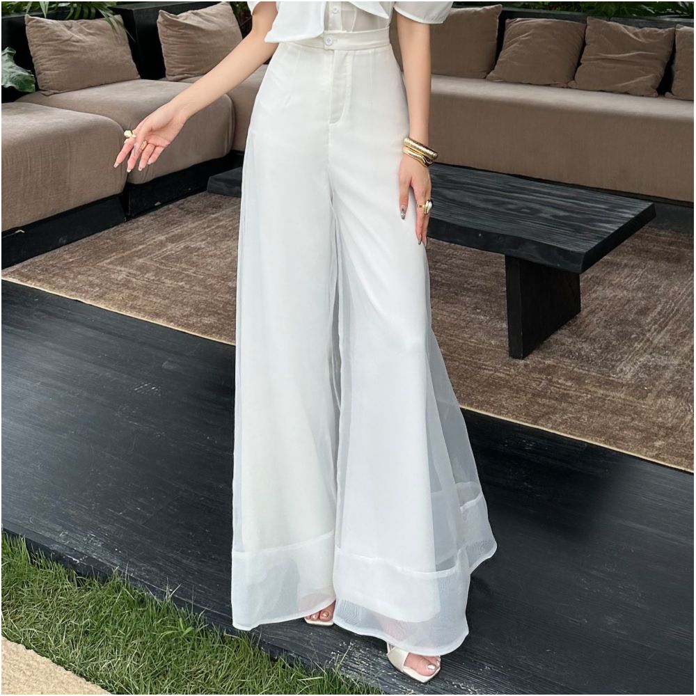 Summer new fashionable temperament high end casual pants women s design sense organza slimming and flesh covering wide leg pants women s clothing image 1