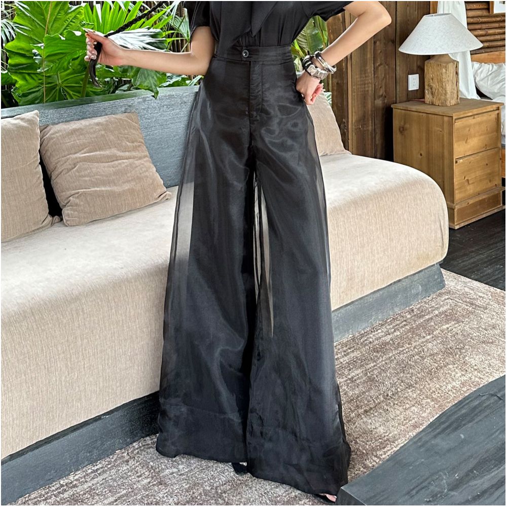 Summer new fashionable temperament high end casual pants women s design sense organza slimming and flesh covering wide leg pants women s clothing image 4
