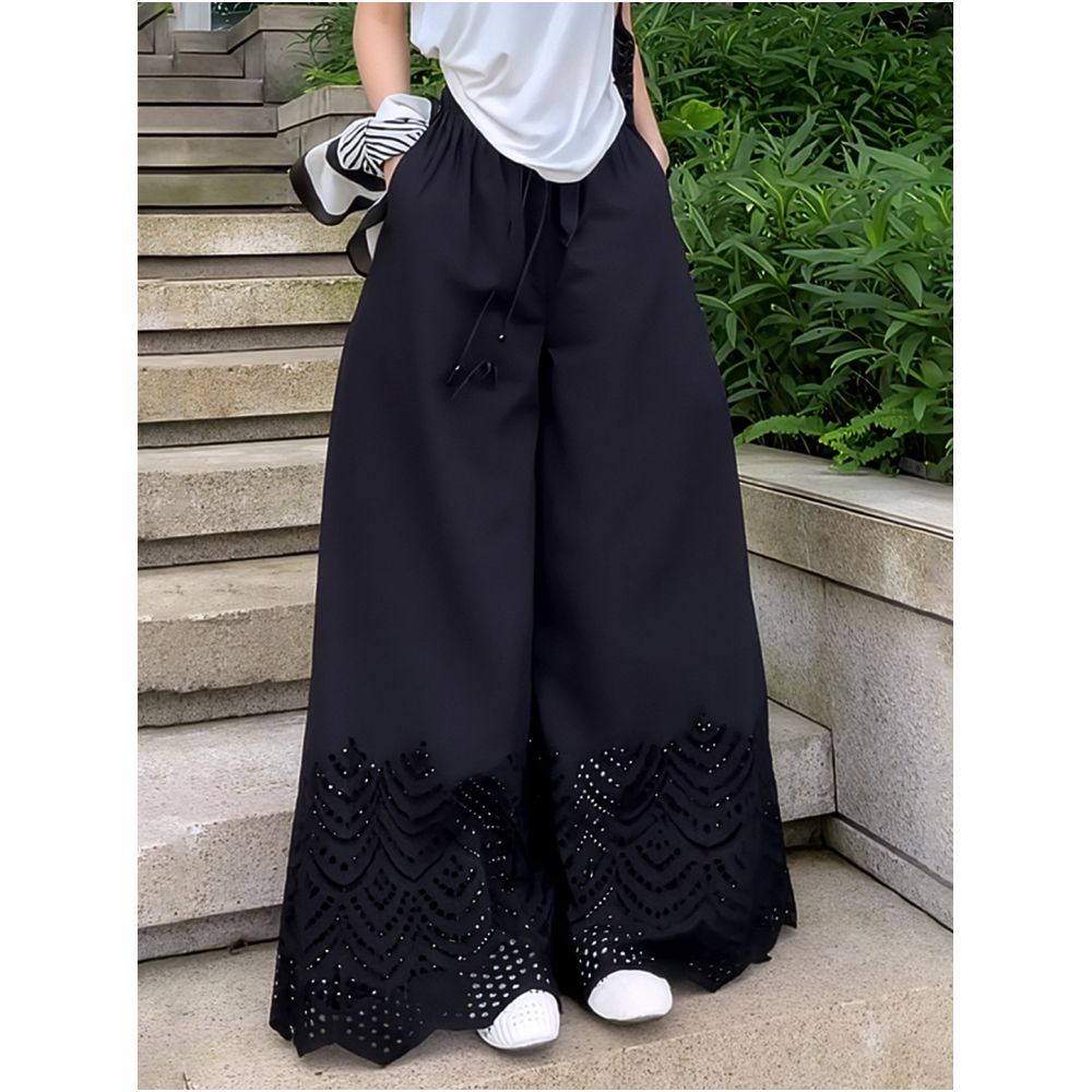 2025 Summer New Black Elastic Waist Strap Casual Pants Loose and Fashionable Design Hollow out Women s Wide Leg Pants image 0
