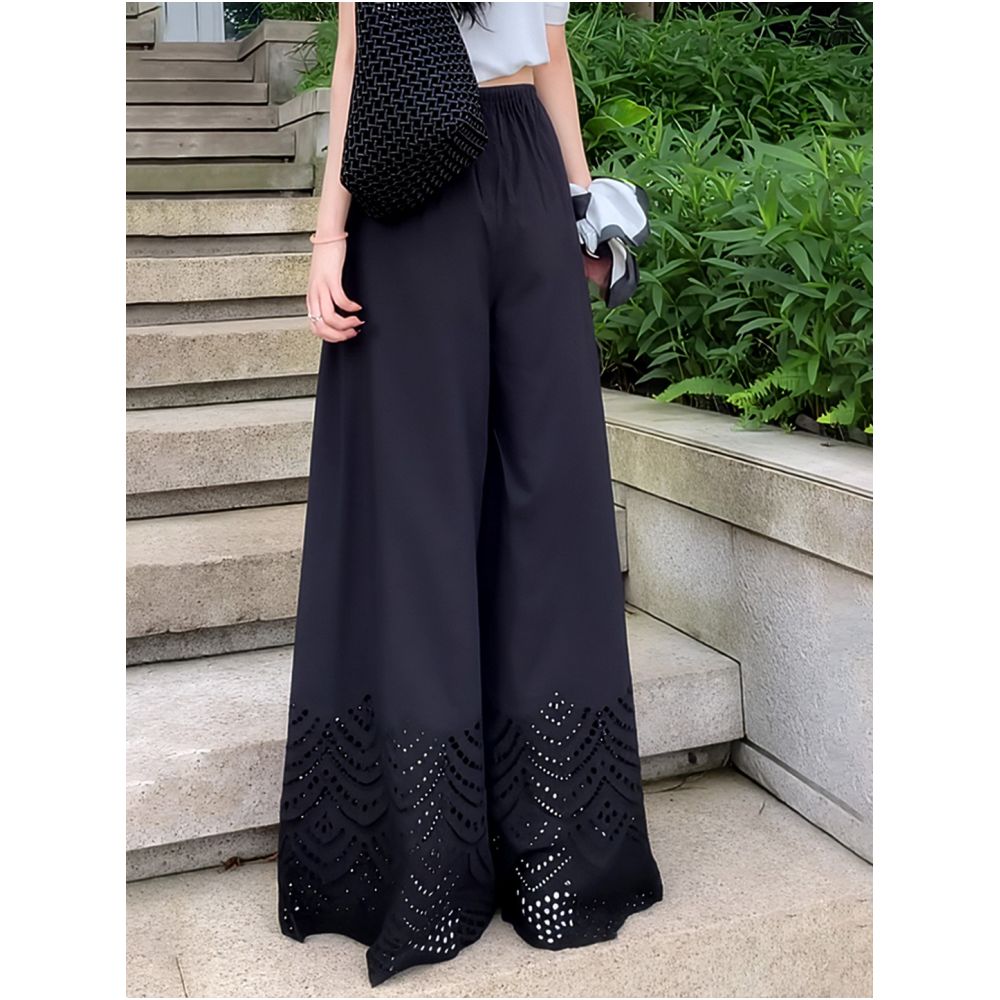 2025 Summer New Black Elastic Waist Strap Casual Pants Loose and Fashionable Design Hollow out Women s Wide Leg Pants image 2