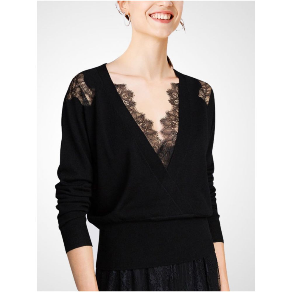 Black lace knitted sweater for women in autumn and winter 2025 new V neck base top niche thin sweater fashionable and versatile image 0