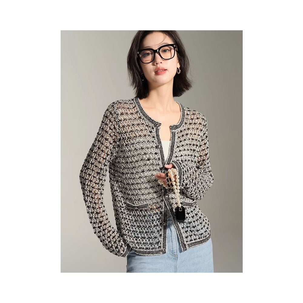 French retro light luxury exquisite small fragrance style hollowed out ice silk V neck long sleeved knitted sun protection cardigan top for women in summer image 1