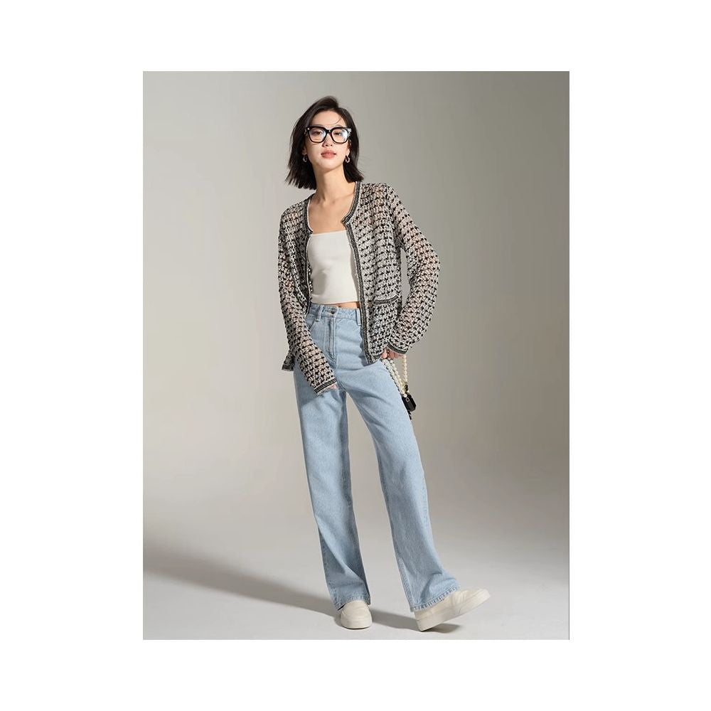 French retro light luxury exquisite small fragrance style hollowed out ice silk V neck long sleeved knitted sun protection cardigan top for women in summer image 2