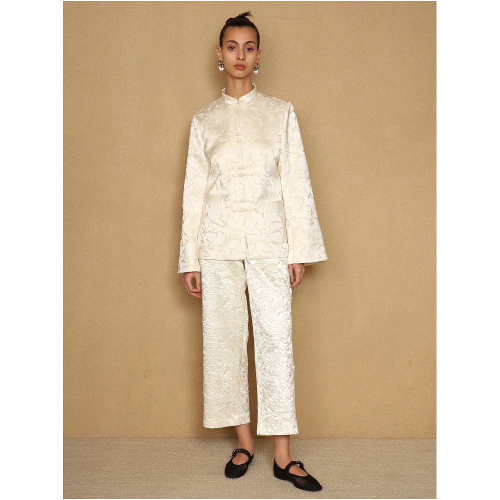 PaleBlueDot Fashionable New Chinese Early Spring White Champagne Satin Cracked Stand up Collar Zhongshan Suit image 1