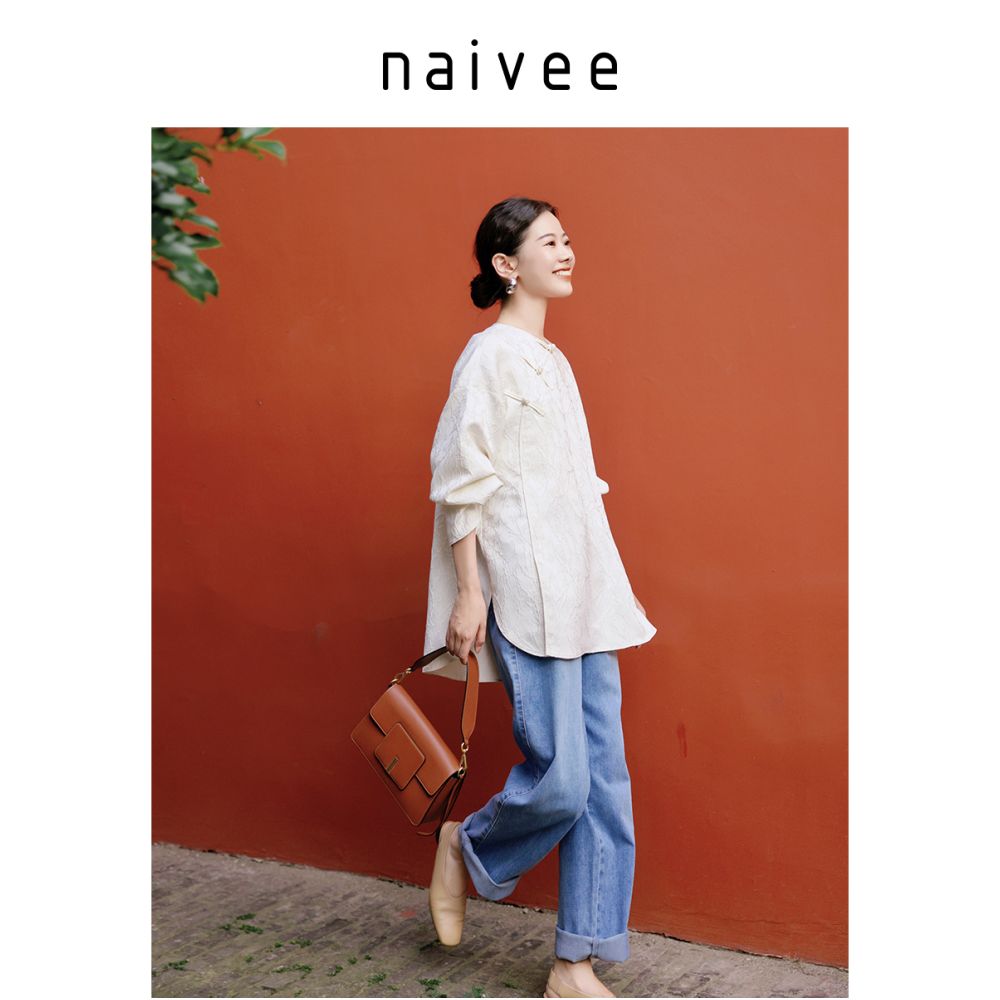 Navi New Chinese style women s clothing autumn jacquard loose long sleeved shirt top women s early autumn fashion outfit image 2