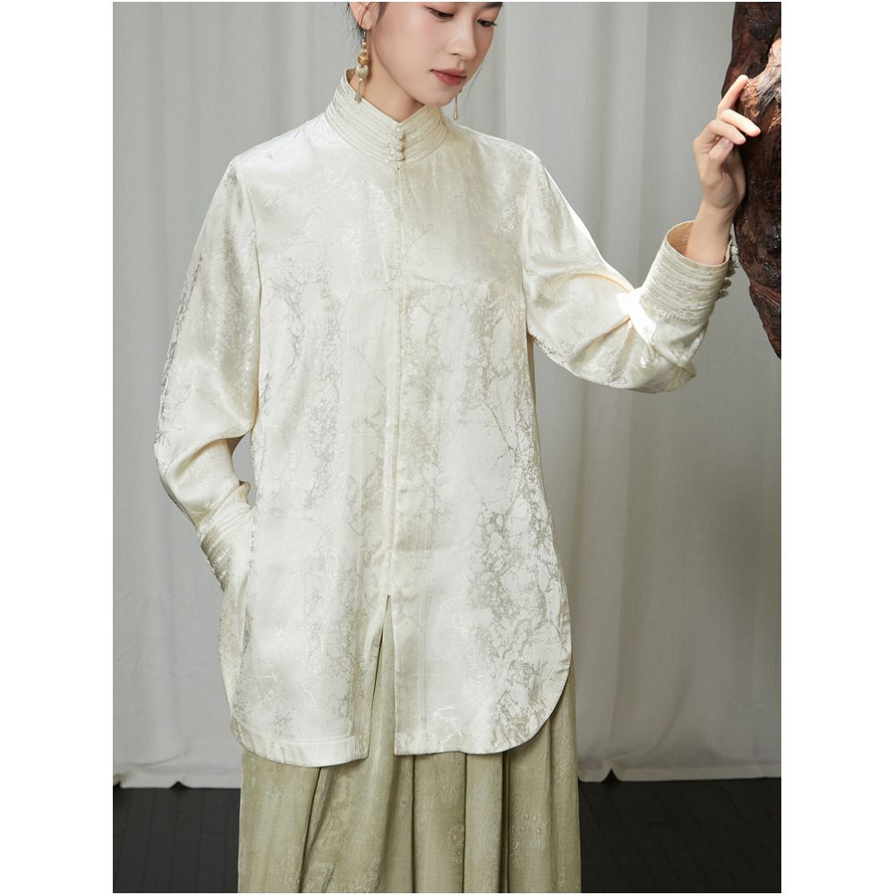 Always ready to wear Jacquard craftsmanship New Chinese style shirt stand collar grape button shirt daily Chinese style top image 1