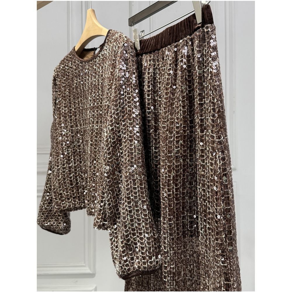 Spot special price Milan Town South Oil high version fashionable lazy style sparkling sequin knit sweater half skirt set image 2