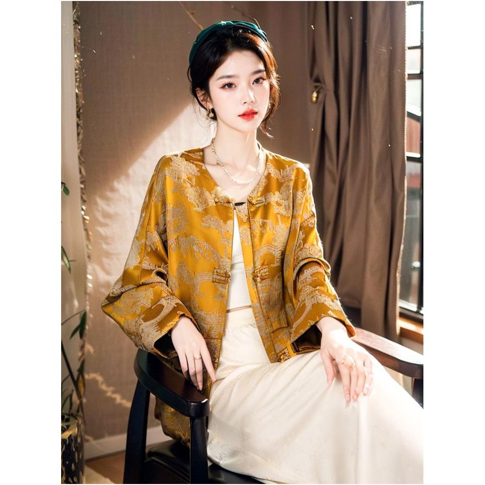 Clearance and Leakage Collection Counter Withdrawal Spring Goddess Style New Chinese Style Silk Satin Jacquard Plate Button Top Short Coat image 0