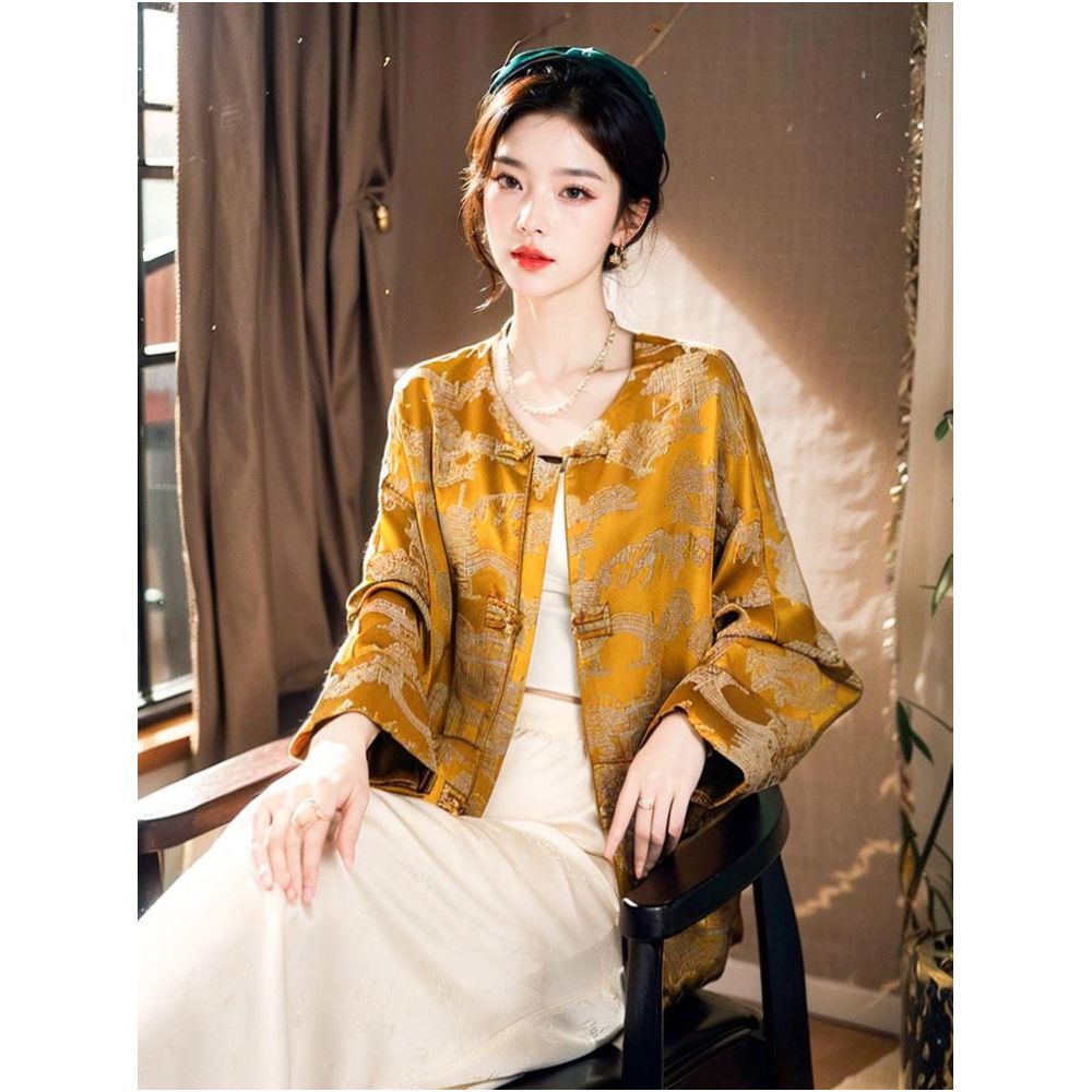 Clearance and Leakage Collection Counter Withdrawal Spring Goddess Style New Chinese Style Silk Satin Jacquard Plate Button Top Short Coat image 1