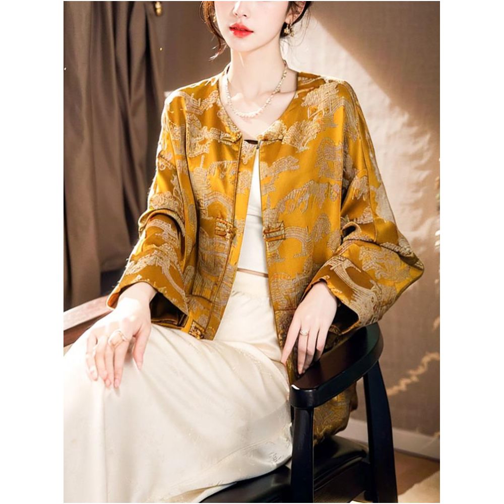 Clearance and Leakage Collection Counter Withdrawal Spring Goddess Style New Chinese Style Silk Satin Jacquard Plate Button Top Short Coat image 3