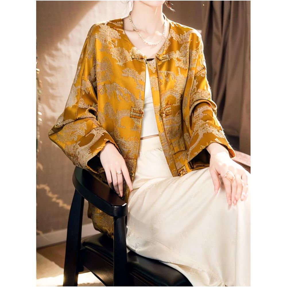 Clearance and Leakage Collection Counter Withdrawal Spring Goddess Style New Chinese Style Silk Satin Jacquard Plate Button Top Short Coat image 4
