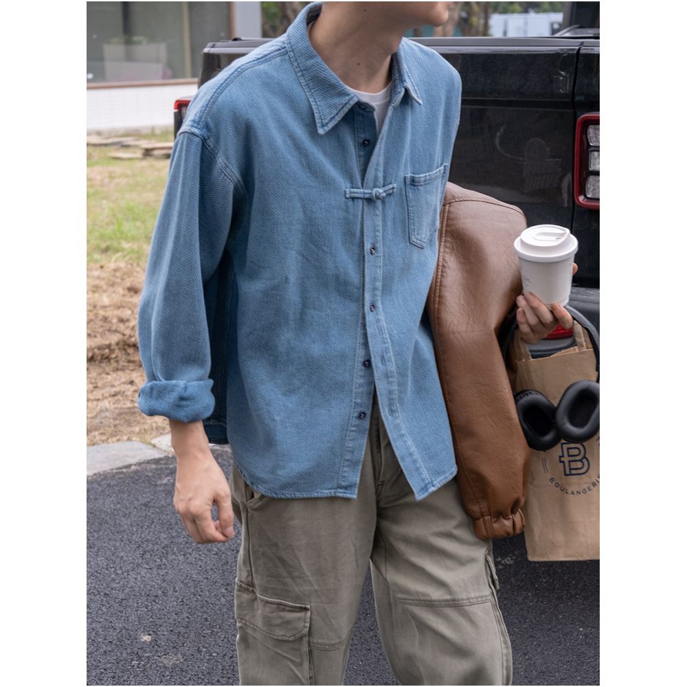 A button and stand Chinese handmade buckle retro washed jacquard texture denim shirt hidden in the chest image 0