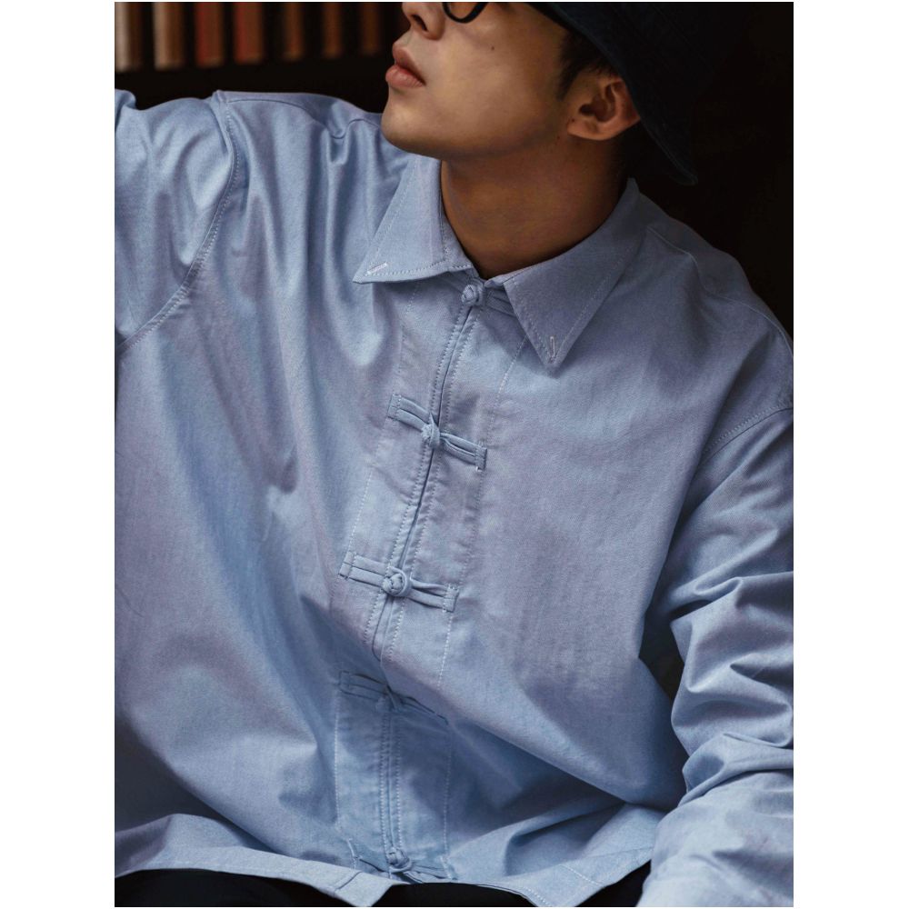 Hungry Artist s new Chinese style button down shirt long sleeved pure cotton white Tang style men s engagement top image 0