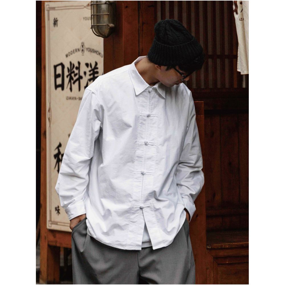 Hungry Artist s new Chinese style button down shirt long sleeved pure cotton white Tang style men s engagement top image 2