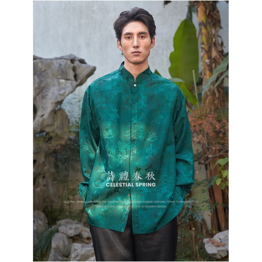 Shili Chunqiu Original New Chinese Men s Clothing Chinese Top Ceramic Glazed Jacquard Long Sleeve Shirt Chinese Style Shirt Men s Clothing image 0